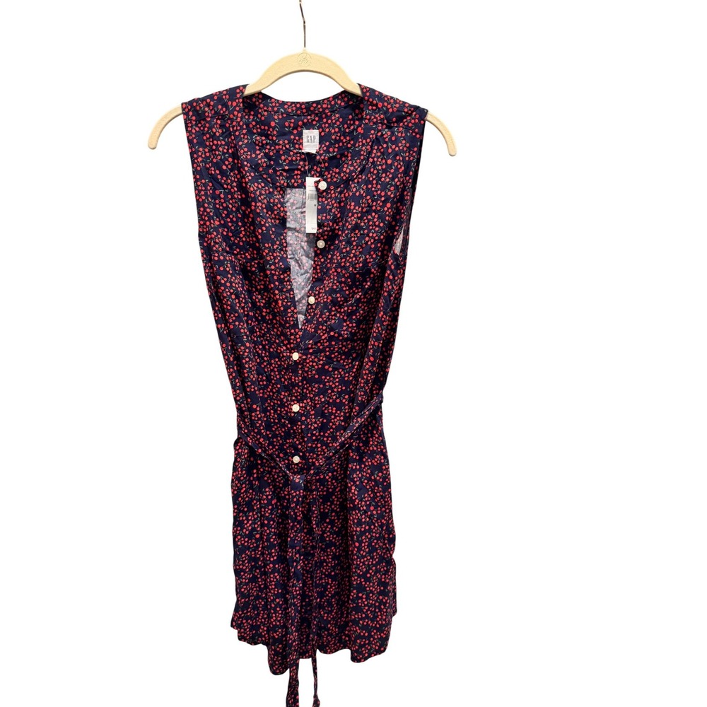 GAP‎ Navy Blue Cherry Print Sleeveless Belted Button Up Medium NWT pockets